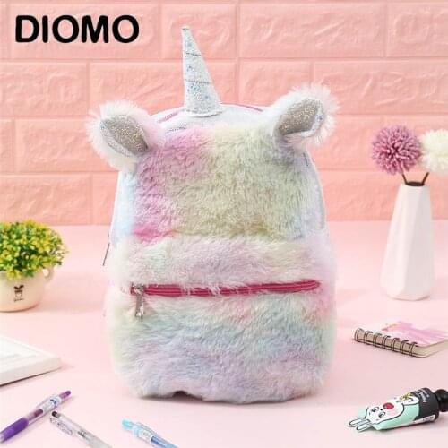 DIOMO Womens PU Leather Furry Fluffy Plush Unicorn Mini Backpack with Sequins Fashion Back Pack Paillettes girl teenager child