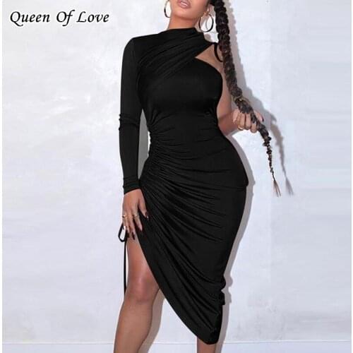 2020 New Autumn Winter Sexy One Sleeve Irregular Dress Women Fashion Elegant Club Party Drawstring Ruched Dresses Free Shipping