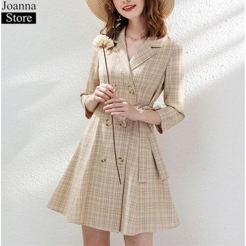 Spring Summer Plaid Print Long Dress Women Seven Points Sleeve Double Breasted Bow Slim Elegant Dresses Plus Size Clothes Female