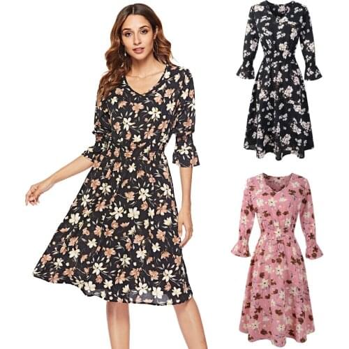 Summer Dress Three Quarter Sleeve Mid Floral Dresses For Women 2021 V-Neck Big Swing A-Line Female Casual Dress Vestidos Robes