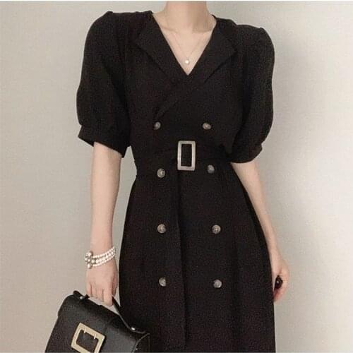 Nomikuma Double Breasted Vintage Dresses Sash Lace Up Turn Down Collar Puff Sleeve Elegant Dresses Korean Style Vestidos Mujer