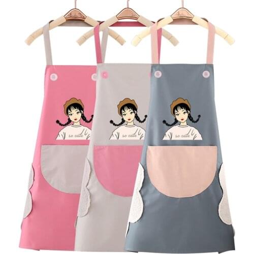 Enlarged Pocket Cartoon PatternWaterproof Oil-Proof Pinafore Home Baking Cooking Cleaning Bib PVC Women Coffee Kitchen Apron