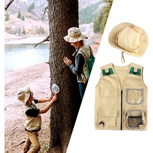 Kids Cargo Vest & Hat for Boys Girls Costume Hiking Outdoor Explorer Role Play Party Backyard Cosplay Gift Unisex