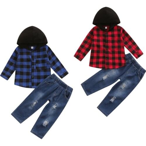 FOCUSNORM 0-5Y Autumn Causal Baby Boys Clothes Sets Plaid Printed Hooded Single Breasted Jacket Tops Denim Pants 2pcs