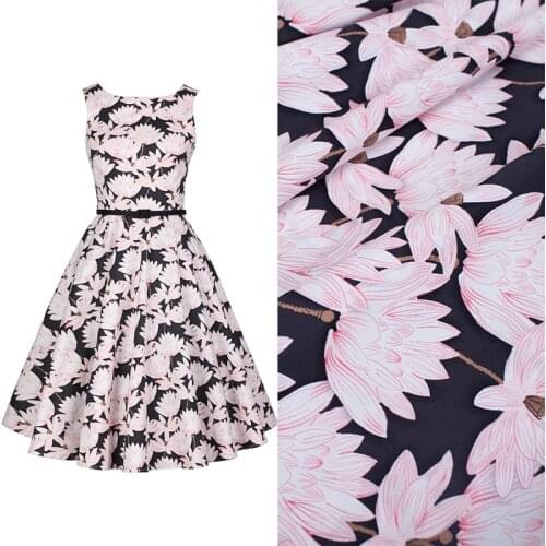 HLQON 100% cotton sateen black lotus leaves stretch style fabric for DIY sewing women clothing wedding dress upholstery