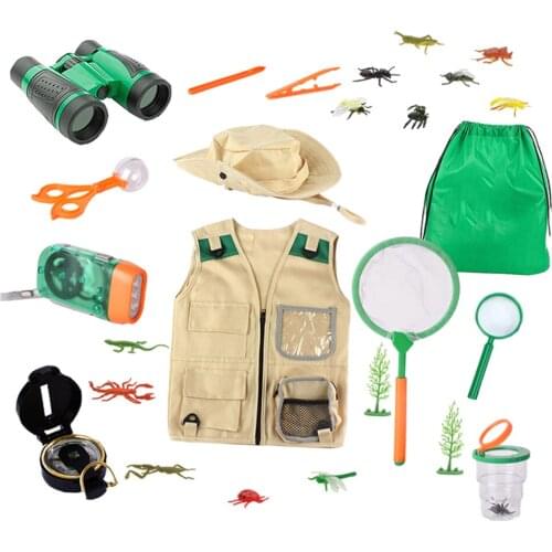 Outdoor Adventure Kit Young Kids Khaki Cargo Vest and Hat Telescope Flashlight Explorer for Paleontologist