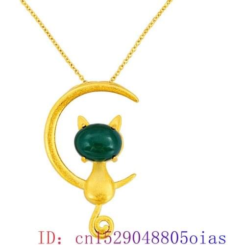 Jade Cat Pendant Chinese Zircon Amulet Chalcedony Crystal Necklace Gifts Charm Natural Fashion Gemstone 925 Silver Jewelry