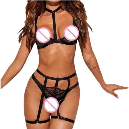 2020 Summer Sexy Women Lingerie Bra Set Black Erotic Nightwear Sleepwear Lace Bandage Bra and Panties G-string Sets Underwear