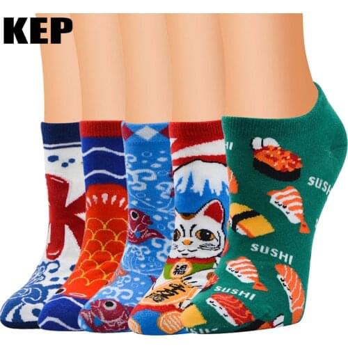 New Summer Fashion Design Cute Cotton Cartoon Women Socks Comfortable Kawaii Ankle Socks Sushi Cat Fish Water Pattern Socks Lady