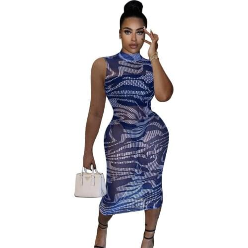 Bodycon Dress Women Summer Elegant Party Dress Sleeveless Sexy Sheer Mesh Patch Dresses Ladies Midi Holiday Clothes Vestido