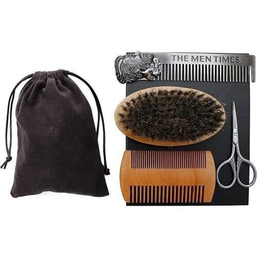 Wholesale 4pcs Beard Grooming Kit Beard shaving Brush and Comb Trimmer Set Razor Kit With Barber Hair Scissor Mens Facial Care