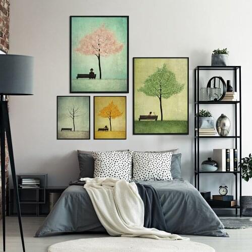 Scenery Under Cherry TreesPoster Prints Spring Summer Autumn Winter Seasonal Canvas Painting Wall Art Pictures Livingroom Decor