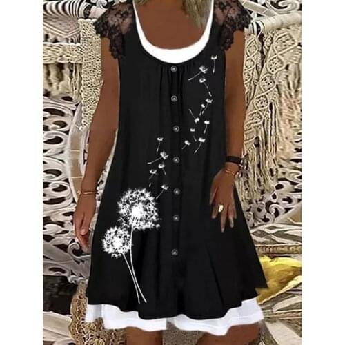 Sexy Lace Dress Button Through Women Dandelion Print Casual Two Piece Set Dresses Summer O-Neck 3XL Oversize Black Boho Vestids