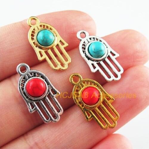 20Pcs Retro Gold Color Tibetan Silver Tone Hand Palm Blue&Red Stone Charms Pendants 11x21mm
