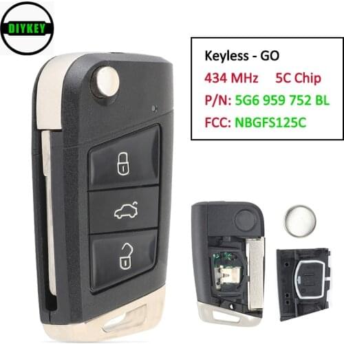 DIYKEY Keyless-Go for Volkswagan Golf7 MK7 Polo Seat Tiguan Touran 434MHz 5C Remote Key Fob FCC: NBGFS125C P/N: 5G6 959 752 BL
