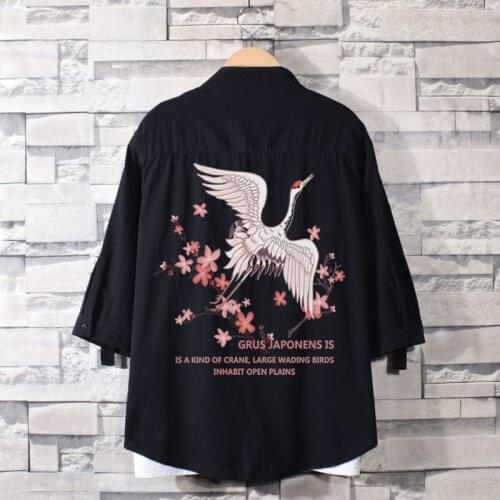 Sakura Crane Shirts Print Cotton Linen Spring Summer Harajuku Shirts Mens Streetwear Casual White Black Shirts For Women CS654