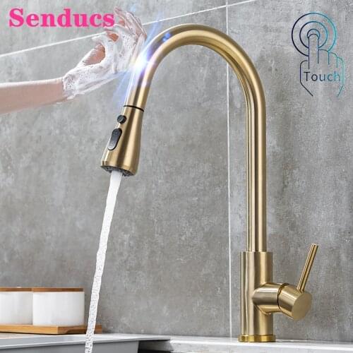 Sensor Touch Kitchen Faucets Senducs Pull Out Kitchen Mixer Tap Smart Touch Kitchen Mixer Faucet Brushed Gold Kitchen Taps