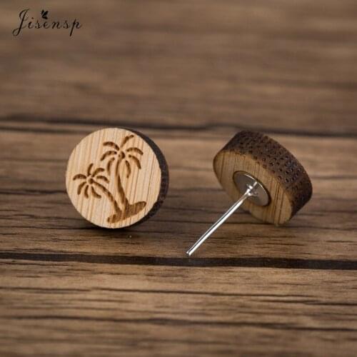 Jisensp Handmade Natural African Wood Earrings Tiny Coconut Palm Stud Earrings Everyday Jewelry for Women Female Orecchini