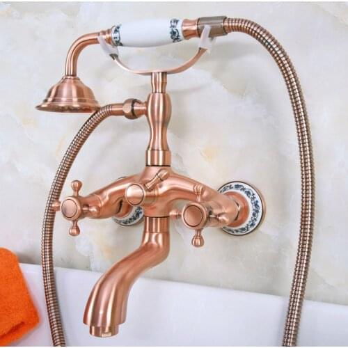 Bathtub Faucets Dual Cross Handles Antique Red Copper Bathroom Tub Faucet with Hand Held Shower Sprayer zna325