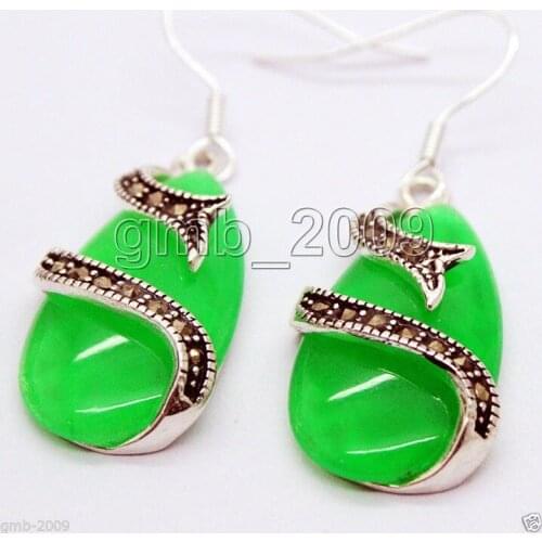 Grade latest wholesale good best valentines gift ladys 15*26mm natural green gem 925 Sterling Marcasite Earrings