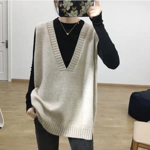 Mid-length Korean style simple casual loose sweater womens knitted V-neck sleeveless pullover solid color vest top all-match