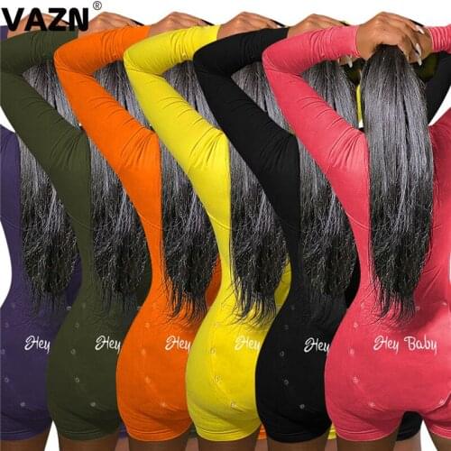 VAZN 2020 Autumn Hot Sales Daily Young Regular Soft Elastic Elegant Sexy Solid Full Sleeve Women High Waist Skinny Playsuits