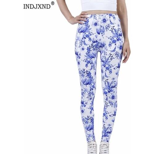 INDJXND White Blue Leaves Print Leggings Fitness Push Up Women Clothing High Waist Pants Workout Running Street Tights Bottom
