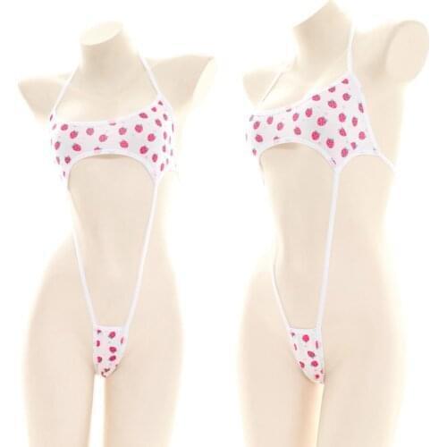Women Cute Strawberry Print Underwear Japanese Teen Girls Student Sexy Bandage One-piece Pajamas Intimates Set Private Cosplay