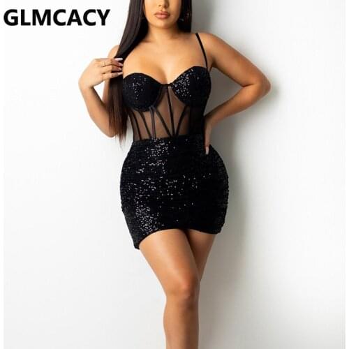 Women Spaghetti Strap Mesh Insert Bodycon Sequined Dress