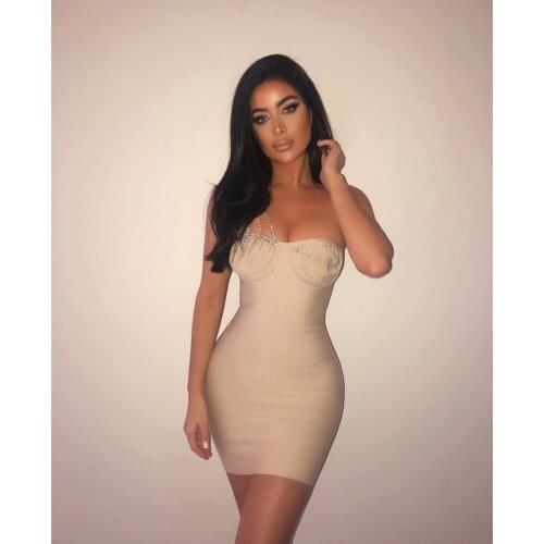 2021 Runway Designer Dress Women summer new nude one shoulder diamonds straps Bandage Dress party evening dress Wholesale