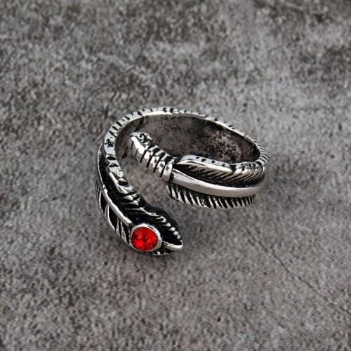 1 European New Retro Personality Feather Shape Ring Simple Inlaid Red Shining Crystal Zircon Ring Opening Adjust Jewelry R154-T2