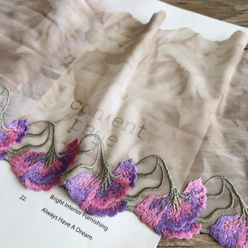 20Yards Khaki Mesh Purple Flowers Embroidered Lace Trim Lingerie Bra Handmade Dress Sewing Fabric Materials High Quality