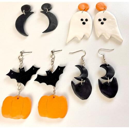 2021 Creative Polymer Clay Halloween Earrings for Women Handmade Ghost Bat Pumpkin Moon All Hallows' Day Jewelry Gifts Wholesale