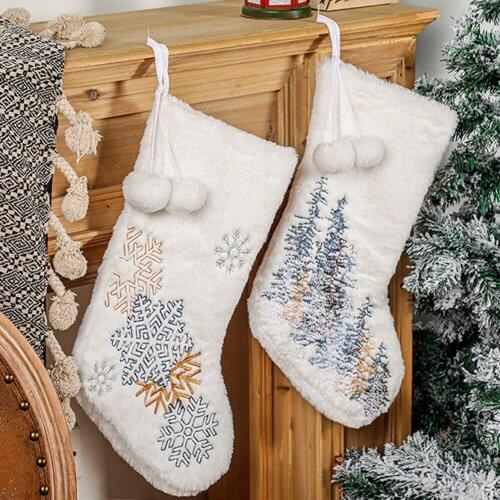 White Christmas Stocking Decorations Wool Ball Embroidery Snowflake Xmas Tree Hanging Ornament Pendant Children Holiday Gift Bag