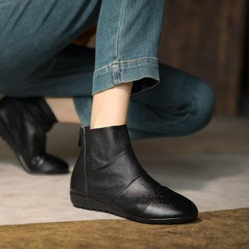 Super-Size First Layer Cowhide Mother Shoes Flat Leather Short Boots Comfortable And Warm Plush Inner Side Zipper Ankle Boots