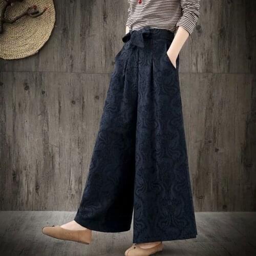 Autumn Winter Cotton Linen Women Wide-Leg Pants New Casual Retro Solid Color Loose Long Trouser Elegant Chinese Pants 11662
