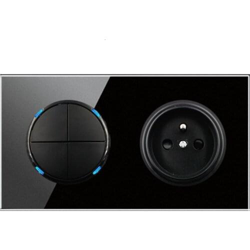 146 Type 4 gang 2 way French switch Crystal Tempered Pure Glass Panel 13a Double Eu Standard Wall Power Socket Grounded black