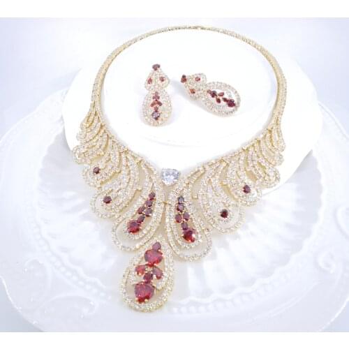 NEW FASHION romantic red GREEN flowers CZ zircon necklace earring wedding bride banquet formal dress jewelry set free shipping