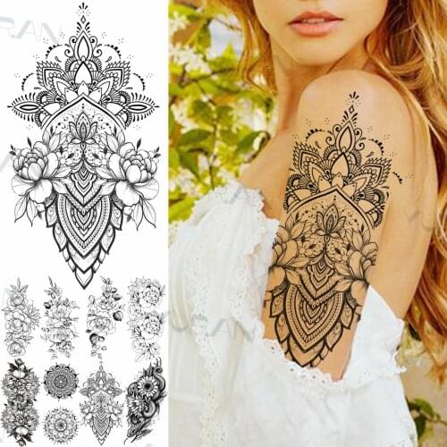 Lace Henna Flower Temporary Tattoos For Women Adult Realistic Mandala Sunflower Snake Fake Tattoo Paste Waterproof Tatoos