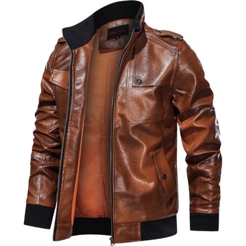 Pop Autumn leather jacket men stand collar winter motorcycle washed leather jacket mens quality leather military Bomber pu coats
