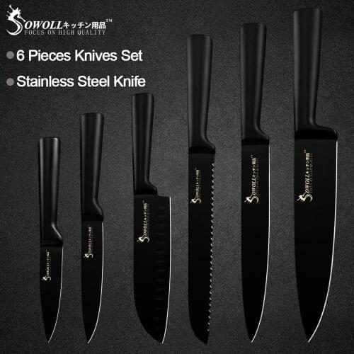 Sowoll 6pcs Stainless Steel Kitchen Knives Set All Black Handle Seamless Welding Chef Slicing Bread Santoku Utility Paring Knife