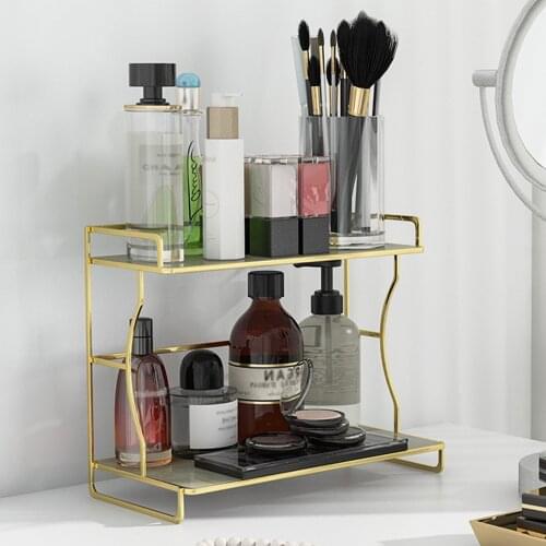 Desktop Storage Shelf 2 Tier Stackable Makeup Organizer Metal Plating Frame Waterproof Moisture-proof Rust-proof For Bathroom