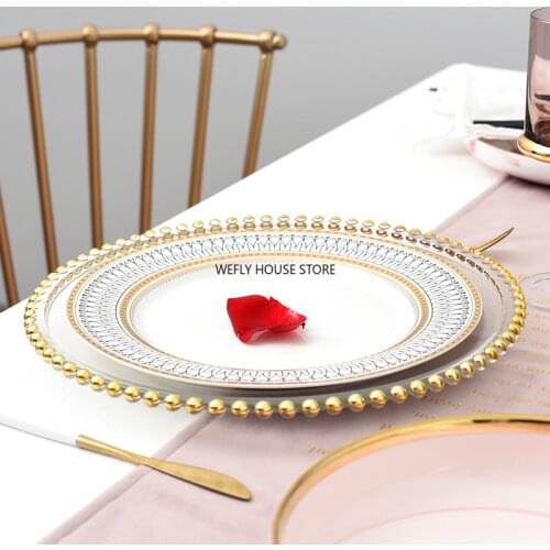 Nordic Gold Bead Glass Charger Dinner Plated Dish Decorative Salad Fruit Wedding Plate Dinner