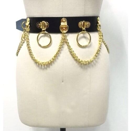 Customised Handmade Unisex Men Women Black Gold Leather Waist Belt Heavy Duty Gothic Bondage Circle Metal Chain Link Waist Strap