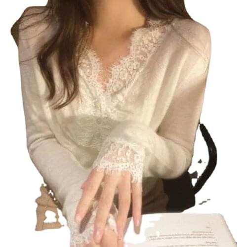 Spring Autumn Double-sided Plush V-neck Lace Stitching Bottoming Shirt Womens Foreign Style Long Sleeve with Slim Top