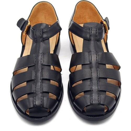 2020 Designer Men Genuine Leather Gladiator Sandals Retro Solid Black Sandals Summer Harajuku Leisure Shoes Buckle Footwear Male