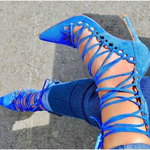 Blue Lace-up Women Sandals Pointy Cut Out Heels Cross Strap Strappy Sandals Shoes Sexy Suede Banquet High Heels Pumps Plus Size