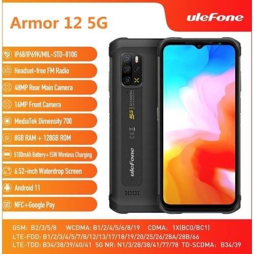 Ulefone Armor 12 5G Rugged Smart Phone 6.52“ 8GB+128GB Android 11 Global Version 48MP Waterproof Smartphone 5180mAh Wireless NFC