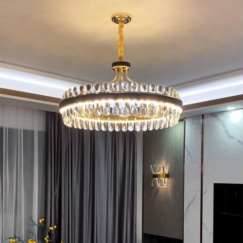 Modern Art Deco Lighting Living Room Luxury Led Pendant Lights Lustre K9 Crystals Pendant Lamp Gold Metal Leather Hanging Lamp