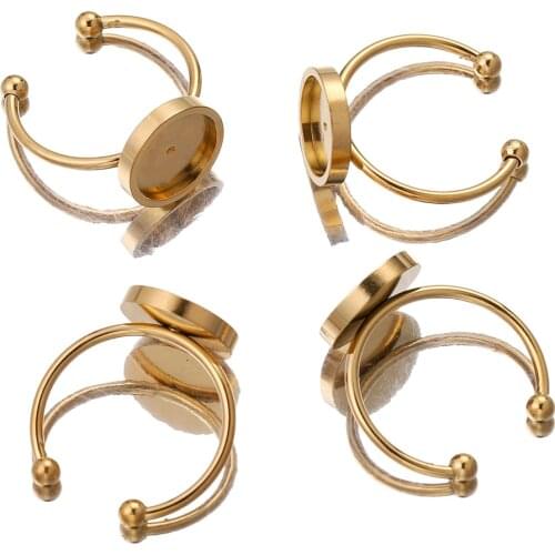 Gold Stainless Steel Adjustable Ring Settings Blank/Base 8/10/12mm Glass Cabochons,Buttons;Ring Bezels Jewelry Making Supplies